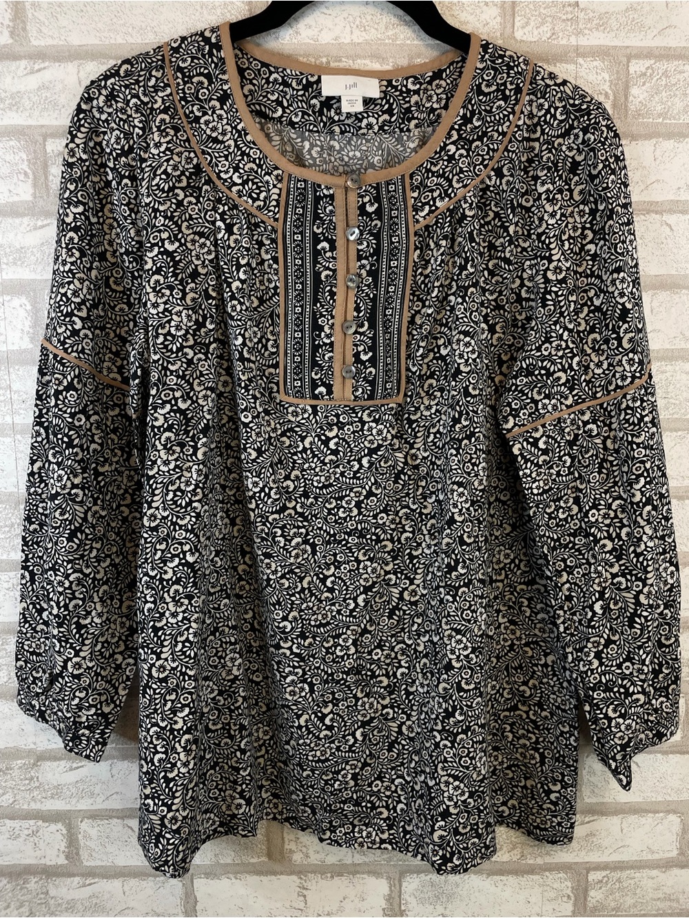 J.Jill Floral Boho Blouse Black Viscose Rayon Henley Top XS